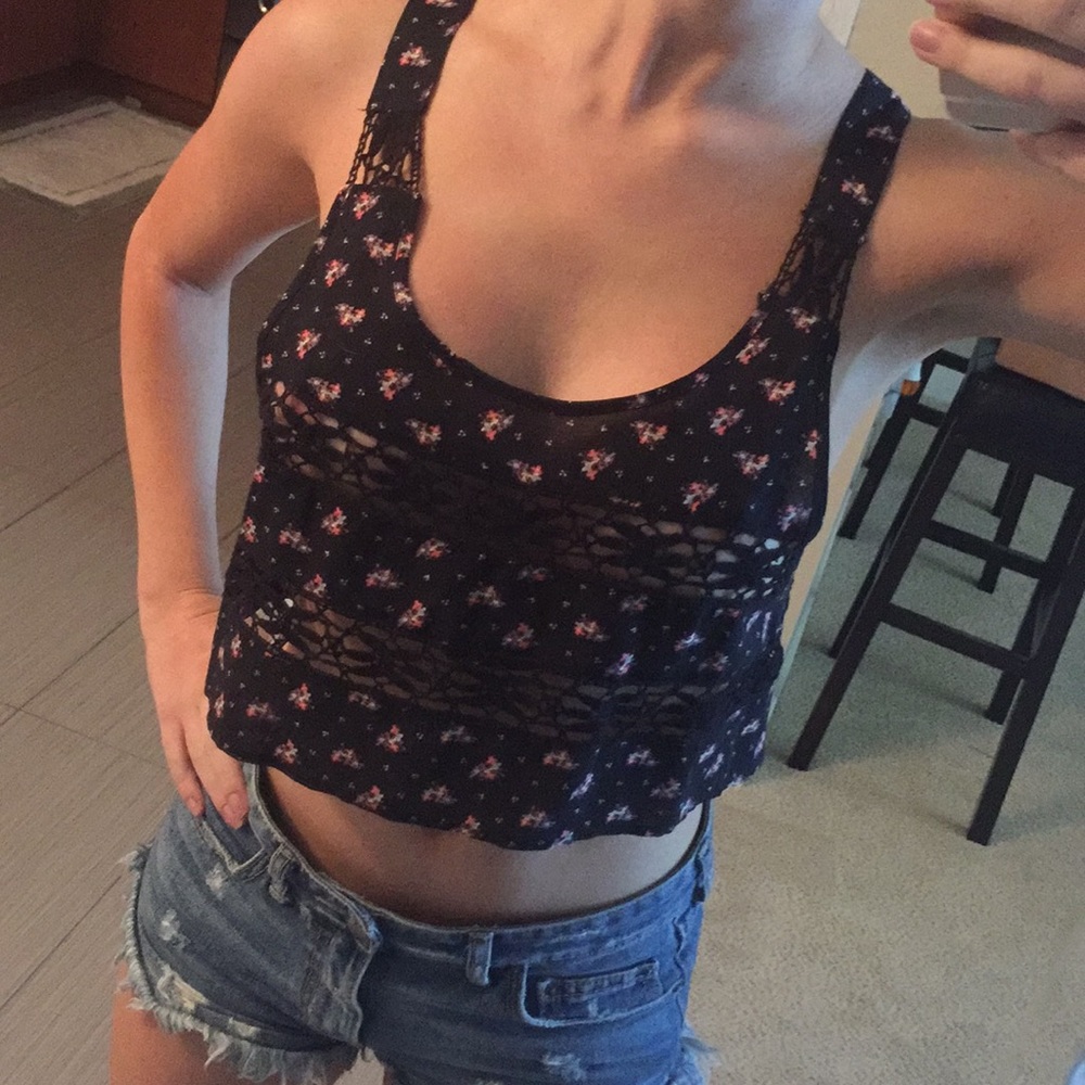 NWOT Floral free People top black